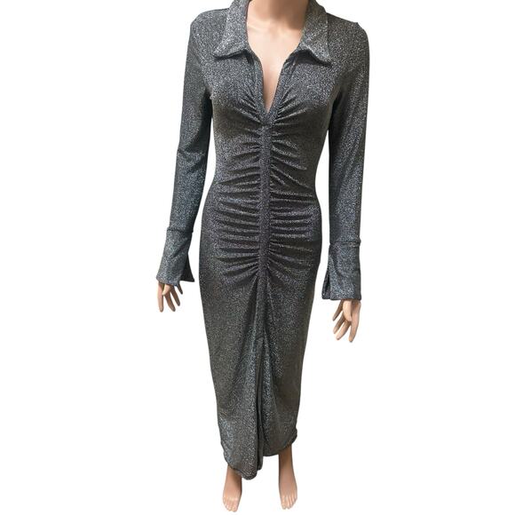 WAYF Metallic Silver Long Sleeve Ruched Midi Dress Size Small - Picture 2 of 4